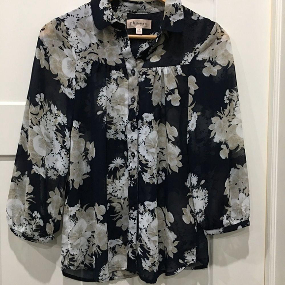 Philosophy floral navy tan white sheer blouse 3/4 sleeve small - Picture 2 of 7